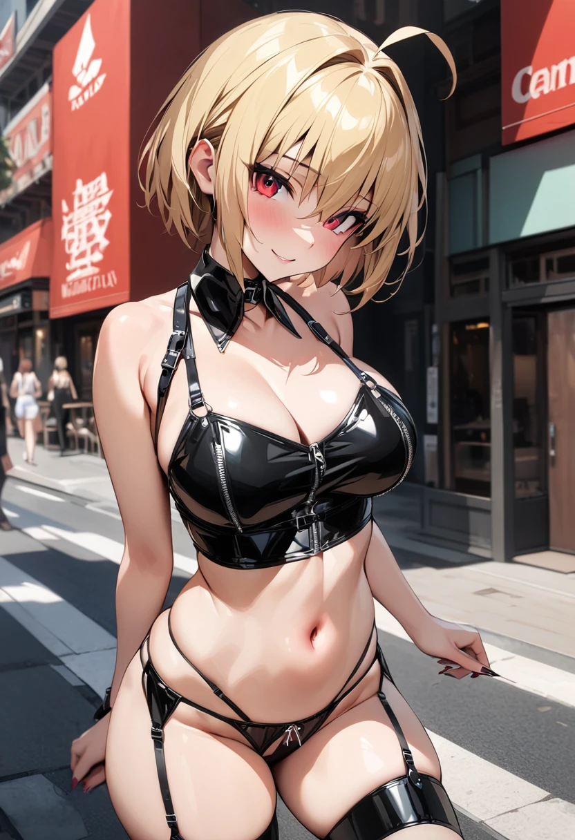 masterpiece, Best Quality , Arcueid, Red Eyes, Ruby Eyes, short hair, blond hair , 1 girl, Alone, watching viewers, hair between eyes , breast,Outdoor,tooth, smile, Long nails, sleeveless, bare shoulders, black clothes, large breasts, intake, ahoge, breasts focus, enamel panties, midriff peek, garter straps, bondage, bare thighs, latex, midriff, navel, stomach, harness, choker, detached collar, zipper panties, 