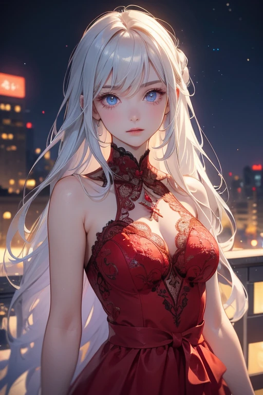 masterpiece, highest quality, (solo focus), (perfect face:1.1), (high detail:1.1),dramatic, 1girl, (pale skin), long white hair, white eyes, solo, long hair, moon, night, white luxury suit, open suit, open jacket, exposed bra, visible bra, bare neck, neckless, vampire, fangs, smile, pouty lips, covered, victorian city, detailed background, gothic renaissance, cinematic lighting, detailed iris, sparkle eyes, star in eyes, enchanting red eyes, (multicolored eyes), (shining dust), (heterochromia), (messy hair:1.3), (hair between eyes), (hair over one eye), (wavy hair:1.1), perfect legs