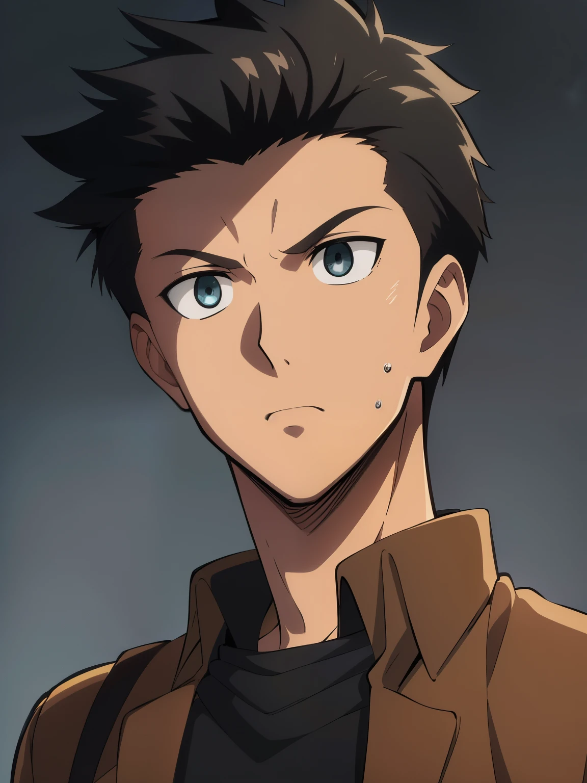 (high-quality, breathtaking),(expressive eyes, perfect face) 1boy, male, solo, portrait, narrow eyes, kind face, neutral expression, aot style, portrait, stylized hairstyle, Symmetrical Eyes, black hair, brown eyes, teenager, masculine, grey background, brown jacket, long sleeves, black shirt, belt, pants, attack on titan clothing, mappastyles4, three-dimensional maneuver gear, spiky hair, spiked up hairstyle, dark tanned skin, half closed eyes, looking at viewer, attack on titan, emiya_shiro, standing straight, facing viewer
