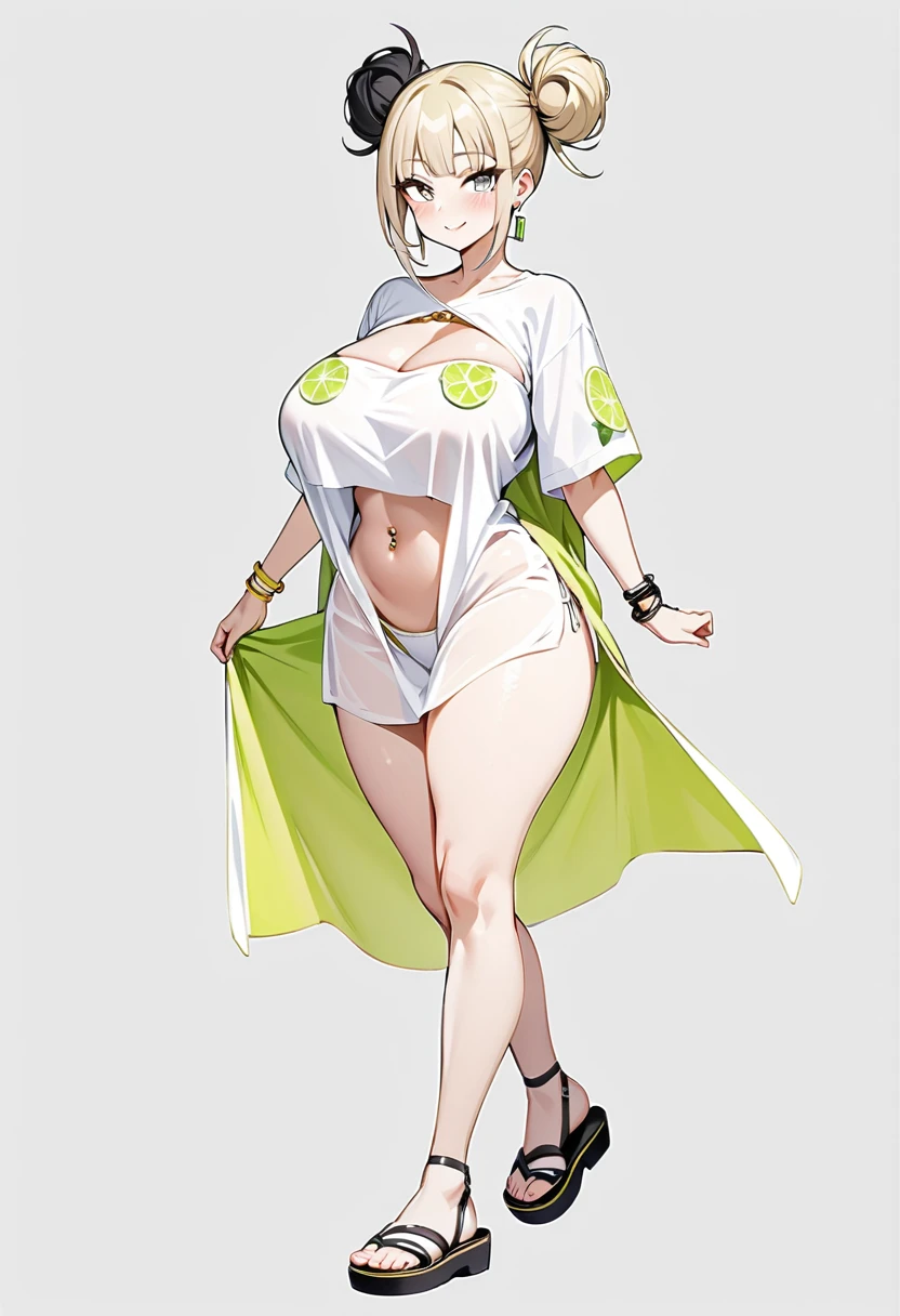 (( Best quality)), (( masterpiece )), ((detallada)), (( full body)), 1 girl, alone, (( black hair , puntas lime color , (( Hair style : Himiko Toga)))), ((grey eyes)),  big breasts shirt,  Big Thighs,  flirty expression smiling , ((( White strapless bikini with lime embroidery)), Earrings,  navel piercing ,  bracelets on her wrists , (((Long shirt, short sleeves,  fully open ,  completely detached , completely loose ,  transparent white color  ), ( Full embroidery  , lime color ))), Sandals, ((walking )), ((playa))