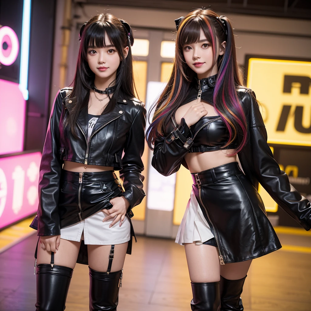 bangs down，beautiful girl，Purple Leather Jacket，future fashion，Absurd，Maid clotheasterpiece，perfect face，perfect breasts，long hair，Outstanding style，stimulating，Cute outfits，Horny girl，double eyelid，Naughty Girls，Erotic and cute，mini skirt，ribbon on uniform，colorful hair color，yellow eyes，leather jacket，horny girl，Knee-high boots， Colorful，multicoloured，future fashion，smile，，zipper bra，Multicolored clothing