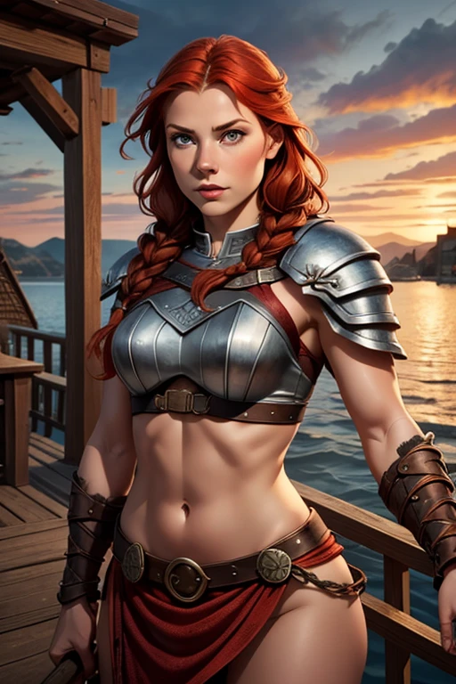 Bhrunilda,1 Nordic woman with fair skin, 19 years old, Alone, Aesthetic art, Scandinavian, wavy strawberry red hair in braids, Shoulder length hair, gray eyes, light gray eyes, fair skin, muscular body, (Textured skin, skin pores: 1.1), wearing Nordic warrior clothes made of animal skin, leather, sexy pose, adding in her hand a Viking war axe facing a Viking ship on the pier of a village.