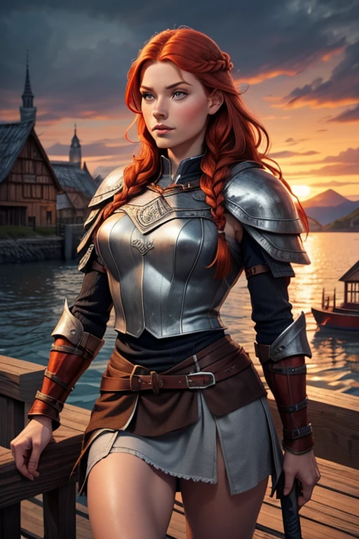 Bhrunilda,1 Nordic woman with fair skin, 19 years old, Alone, Aesthetic art, Scandinavian, wavy strawberry red hair in braids, Shoulder length hair, gray eyes, light gray eyes, fair skin, muscular body, (Textured skin, skin pores: 1.1), wearing Nordic warrior clothes made of animal skin, leather, sexy pose, adding in her hand a Viking war axe facing a Viking ship on the pier of a village.