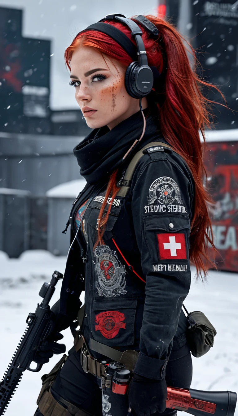  Full body from head to toe, post-apocalyptic, high resolution, 1 woman, Solo, (Detailed face), Tattoo on the face with the text "Athena", Red hair, Long hair closed in back , military Nurse outfit, red black clothe, Snow background, Girl aiming assault rifle, mechanical, Glowing Eyes, Metal surface lower both arm, Digital display, Streamlined Design , Colorful wires ,scarf rotate on head, long boots wit red roll, headset with antenna and headband medical sight, medical box in waist, stethoscope.