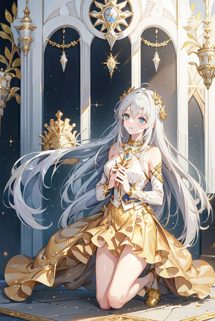 Financial luck、Platinum hair color、Good looking、Glittering、Solemn、Outfits that are too beautiful、Less exposure、 Beautiful Girl、Golden costume、 Long Straight Hair 、Straight Hair
