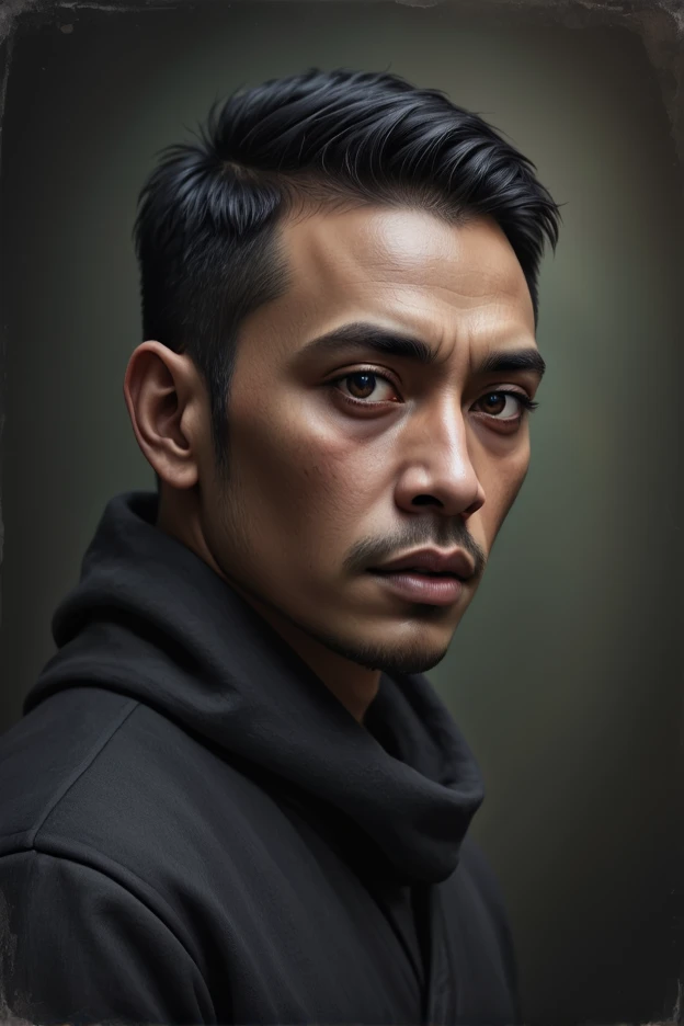 30 years old man,black hair,no beards,Dark Background, Super Hyber Detail, High Detail, High Quality, 16k, Faded, Unique, Creative, Haze , Oil Colors , Pencil Drawing Art, By Shining,wongapril,Extremely Realistic