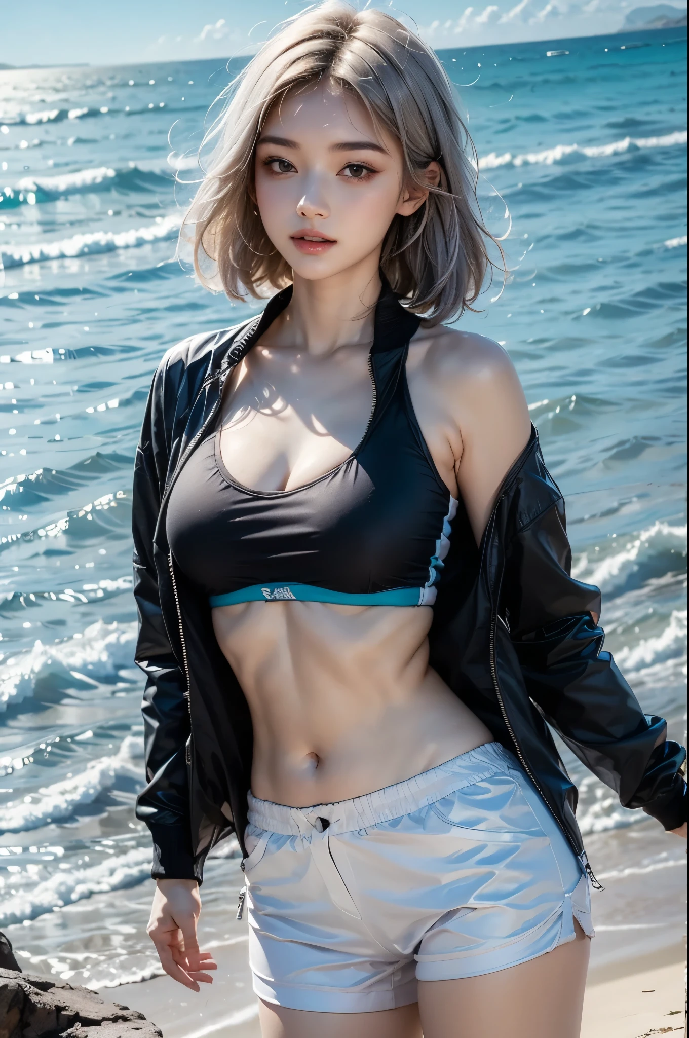 2.8D illustration, masterpiece, best quality, 1girl, medium breasts, Exposed shoulders, white hair, long hair, beautiful, sea, beach, ocean, sky, noon, sunlight, sports girl, black-and-white sports wear, jacket. face:sweet girl
