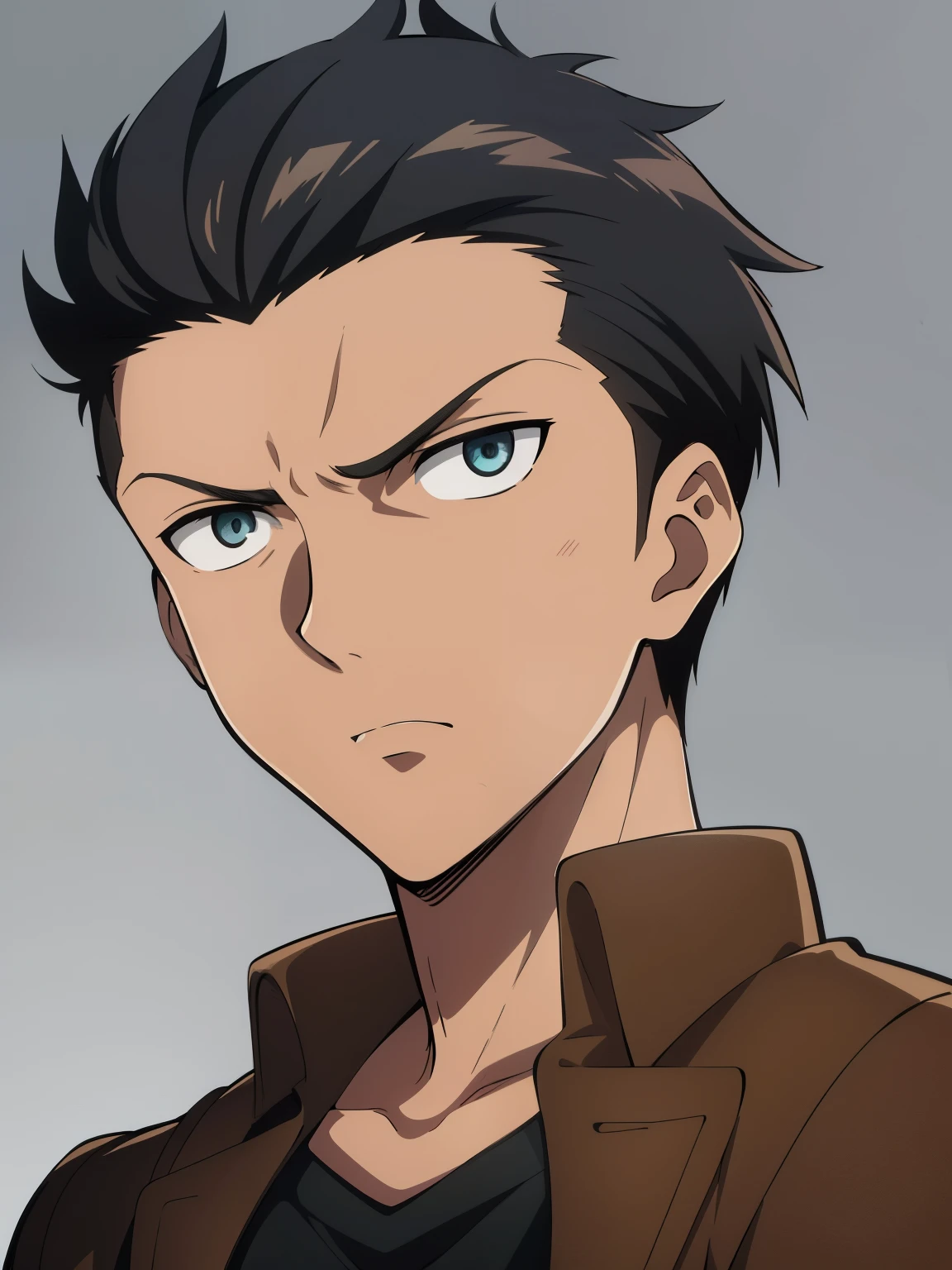 (high-quality, breathtaking),(expressive eyes, perfect face) 1boy, male, solo, portrait, narrow eyes, kind face, neutral expression, aot style, portrait, stylized hairstyle, Symmetrical Eyes, black hair, brown eyes, teenager, masculine, grey background, brown jacket, long sleeves, black shirt, belt, pants, attack on titan clothing, mappastyles4, three-dimensional maneuver gear, spiky hair, spiked up hairstyle, dark tanned skin, half closed eyes, looking at viewer, attack on titan, emiya_shiro, standing straight, facing viewer
