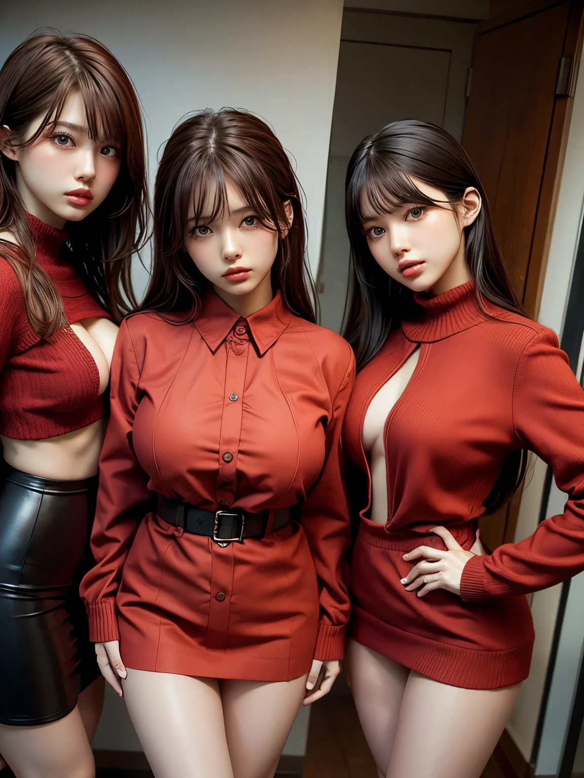 ((super high quality、High resolution、masterpiece、 Anatomically correct、Super detailed photos、Ultra-realistic photos、 Highest quality))、(3girls)、looking at viewer、studio lighting、(portrait))、(from front:1.2)、(big breast)、Small waist、Detailed face、Perfect figure、Three girls holding each other close、 ((Female announcer:1.2))、Television studio broadcasting the news、Cleavage、((news caster))、((sleeveless business shirt))、