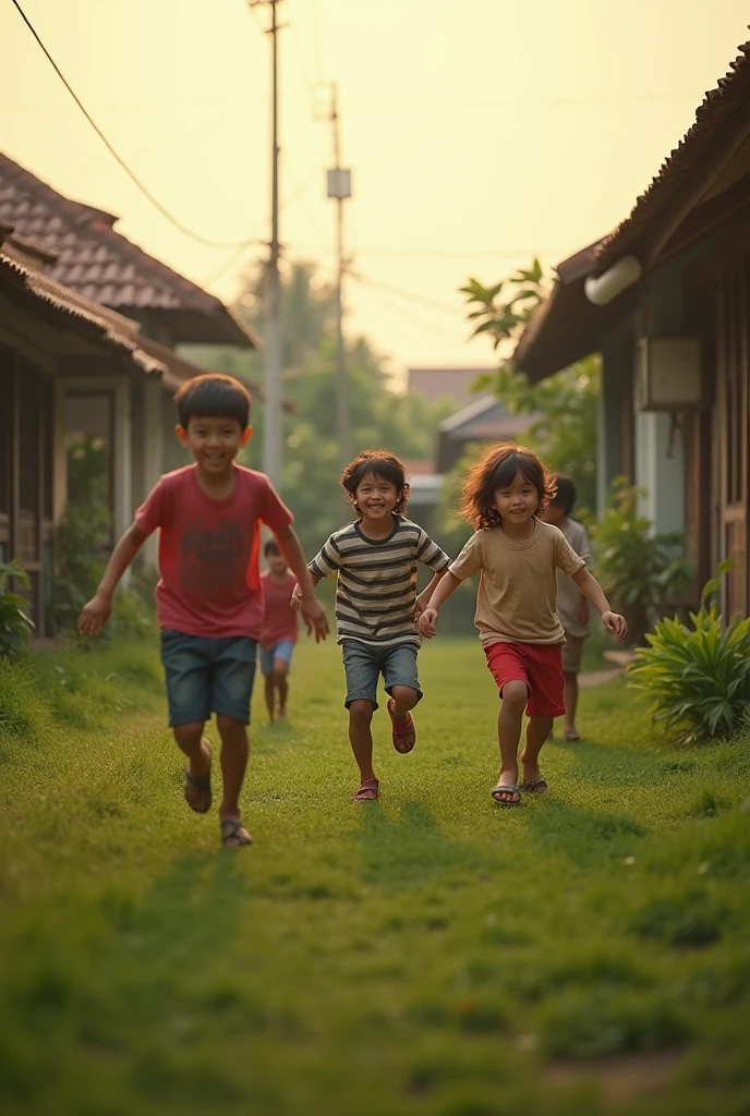 ( photo realism 1.2) photo realistic high detailed Malay kids smile at bush playing around cinematic view cinematography view morning mode Malay traditional house