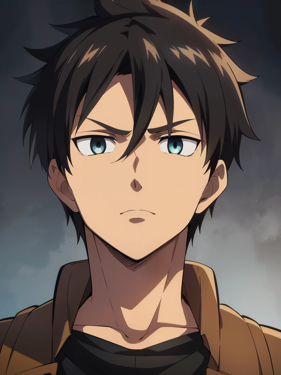 (high-quality, breathtaking),(expressive eyes, perfect face) 1boy, male, solo, portrait, narrow eyes, kind face, neutral expression, aot style, portrait, stylized hairstyle, Symmetrical Eyes, black hair, brown eyes, teenager, masculine, grey background, brown jacket, long sleeves, black shirt, belt, pants, attack on titan clothing, mappastyles4, three-dimensional maneuver gear, spiky hair, spiked up hairstyle, dark tanned skin, half closed eyes, looking at viewer, attack on titan, emiya_shiro, standing straight, facing viewer
