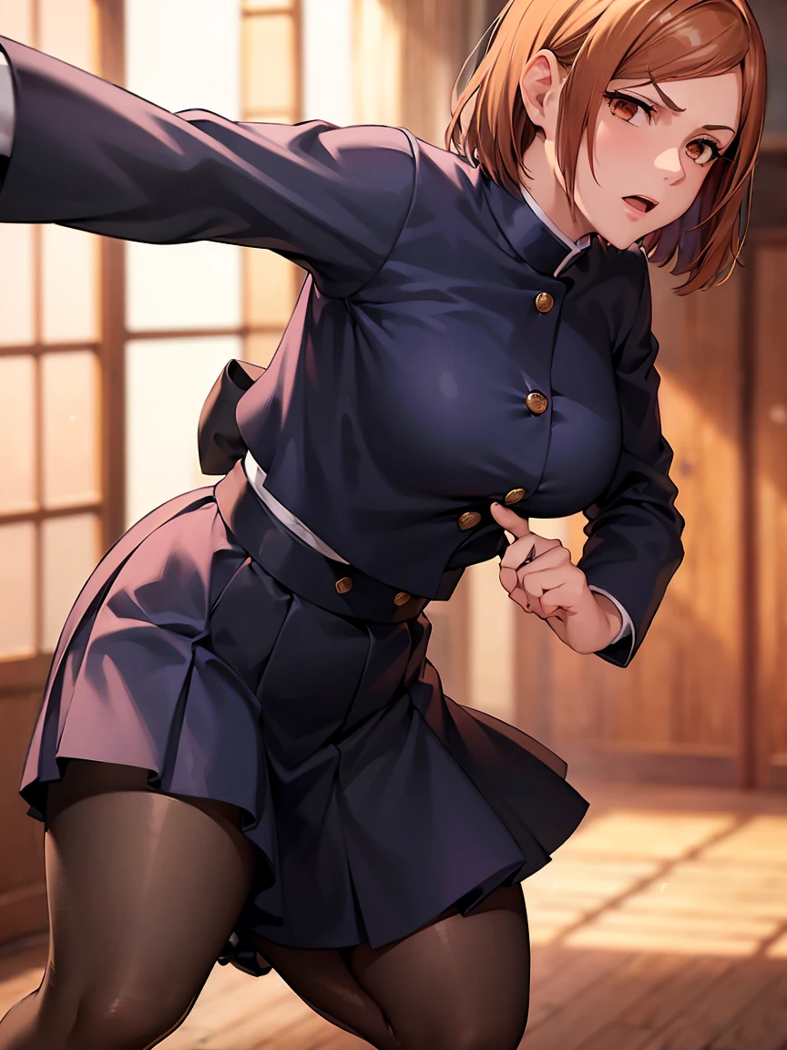 (masterpiece), (best quality), (ultra-detailed), (best illustration), (best shadow), (absurdres), nobarakugisakinova, short hair, orange hair, ((brown eyes)), kugisaki nobara, school uniform, 1girl, solo, short jacket, bangs, closed mouth, long sleeves, looking at viewer, (ultra miniskirt,micro panties:1.2),black pantyhose,cameltoe,spread legs,(fighting stance, kung hu pose, kung fu action, dynamic angle, battle),from below,angry,shrine background,(open breasts,erected nipples:1.2)