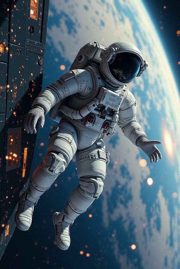 ( floating in,  space station wearing a futuristic astronaut spacesuit ,  background:1.4),  super high definition, Sharpness texture , (  Realistic Skin Textures :1.2),  film grain,
