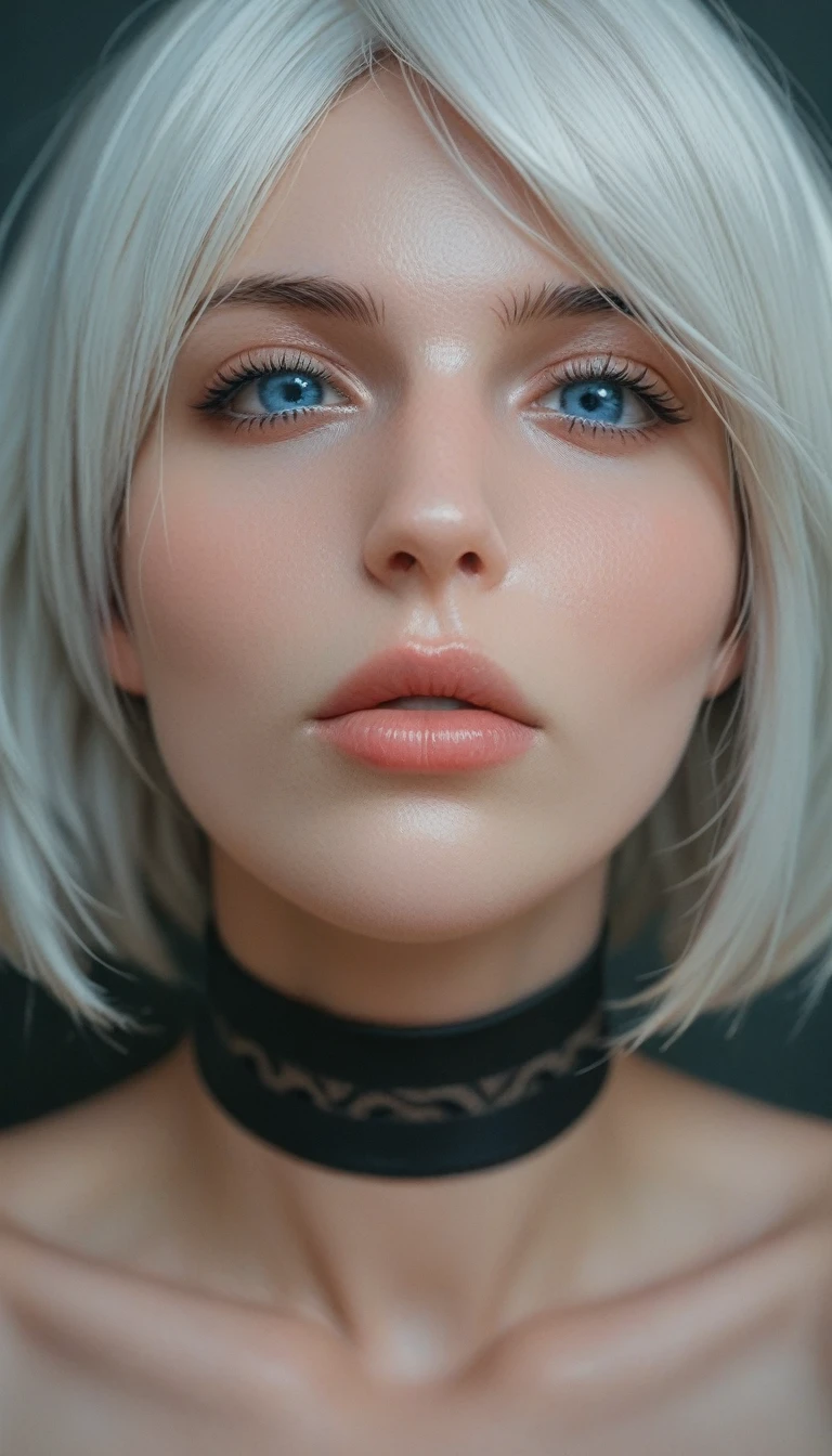 (masterpiece) (best quality) (detailed) (8k) (sharp focus),REAL, 1 female,yorha 2b, face focus,blue eyes, eye detail,choker,face close up,