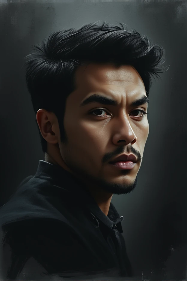 30 years old man,black hair,no beards,Dark Background, Super Hyber Detail, High Detail, High Quality, 16k, Faded, Unique, Creative, Haze , Oil Colors , Pencil Drawing Art, By Shining,wongapril,Extremely Realistic