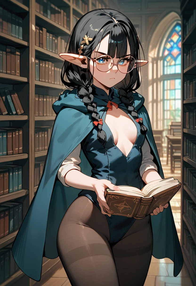 masterpiece, fair, 4K, best quality, library, (black hair with two braids), bangs, Pointed ears, Round frame glasses, wide hips, pouting expression, pantyhose, (small breasts), holding book, (open chest), (dark magical cape), blue eyes