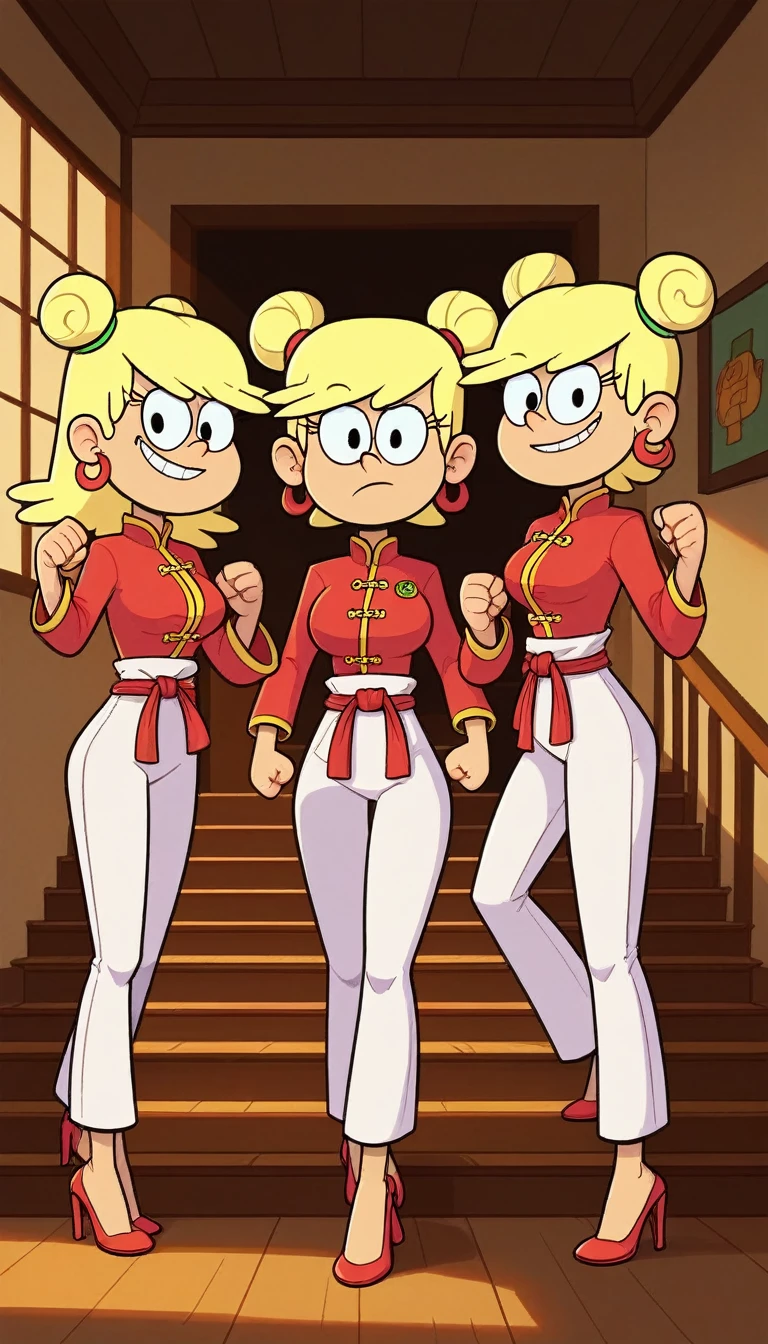 leni loud, 3girl, trio, 24yo girl, large breasts, green cheongsam,  inside of a chinese temple, dojo, looking at viewer, blonde hair, two hair buns , hands  score_9, score_8_up, score_7_up, high heels, teep fighting stance,martial arts, stairs behind her, guarding the stairs, a door behind the stair, chinese writings on the wall, long pants, triplets