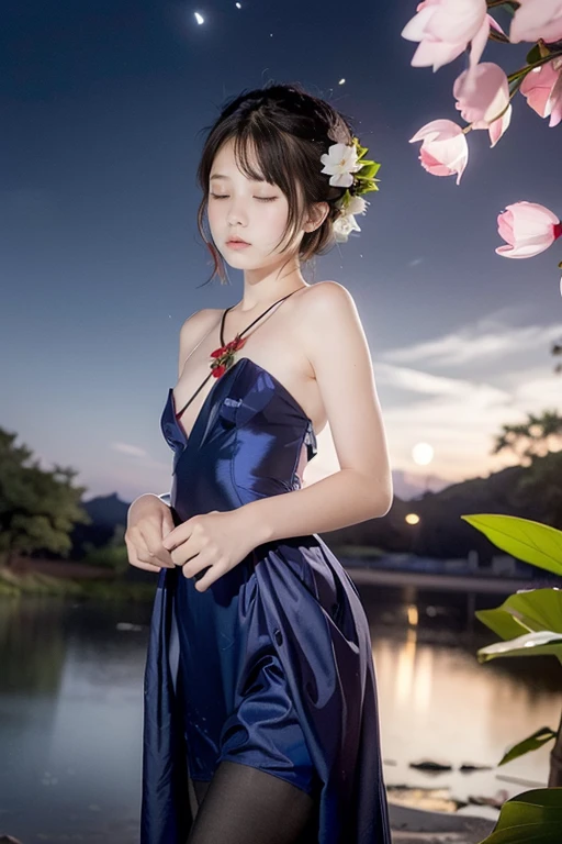 A low-angle photograph captures a stunningly beautiful and sexy young woman standing 

The image portrays a serene scene featuring a so beautiful sexy Thai-Chaines woman in a flowing blue gown adorned with intricate floral patterns. 

Her black hair is styled elegantly, with a small bird perched on it, symbolizing harmony with nature. She stands amidst delicate white lotus flowers, their petals softly glowing against a deep blue night sky filled with stars. 

Additional birds rest on her garment and among the lotus blossoms, adding to the ethereal and peaceful atmosphere. 

The overall ambiance of the artwork is dreamy, with a blend of natural beauty and gentle mystique.