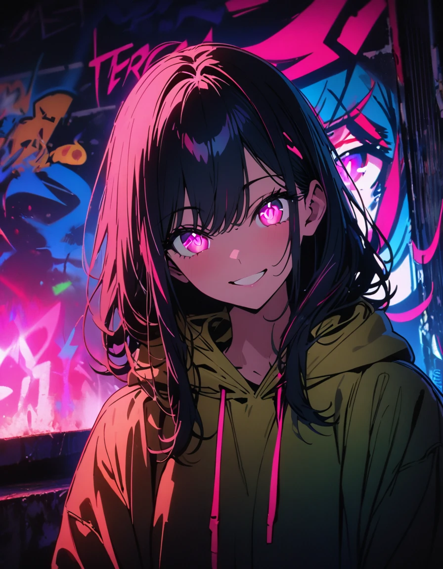 masterpiece, Best Quality, 8k, detailed background, masterpiece, Best Quality, smile,  t I ,  hoodie, Portraiture, Neon Red, graffiti, dark, night, Shining Eyes,  Black Light, Hoshino Ai