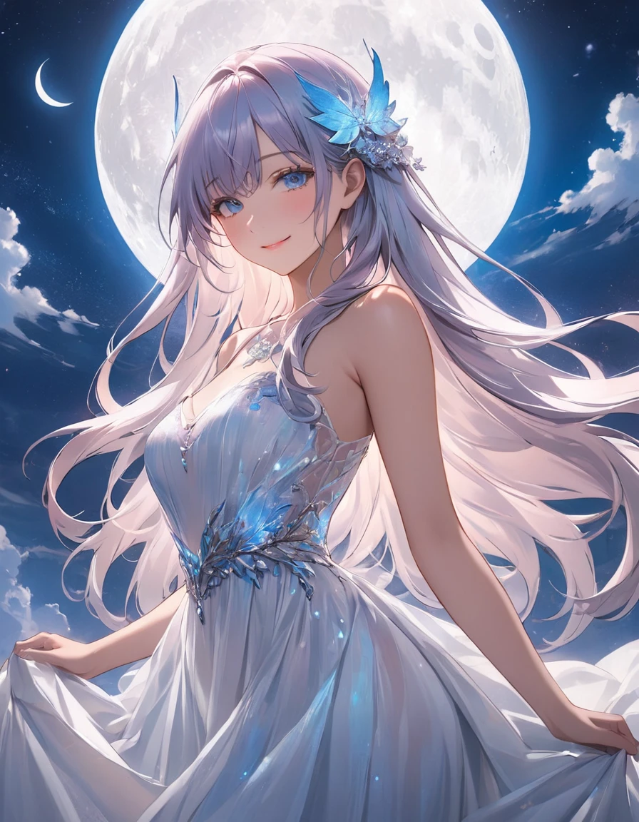 (masterpiece:1.2),(4k),high quality,(perfect anatomy),((arms behind side)),(1 girl),(goddess of the moon),Artemis,silver long hair,beautiful detailed blue eyes,a shy smile,look at viewer,((bioluminescent white dress)),(white dress),Undeservedly beautiful,dreamy romantic,fantastic and dreamy theme,mysterious atmosphere,enchanting dream,fantastical scenes,(silver moon),(silver moon light)