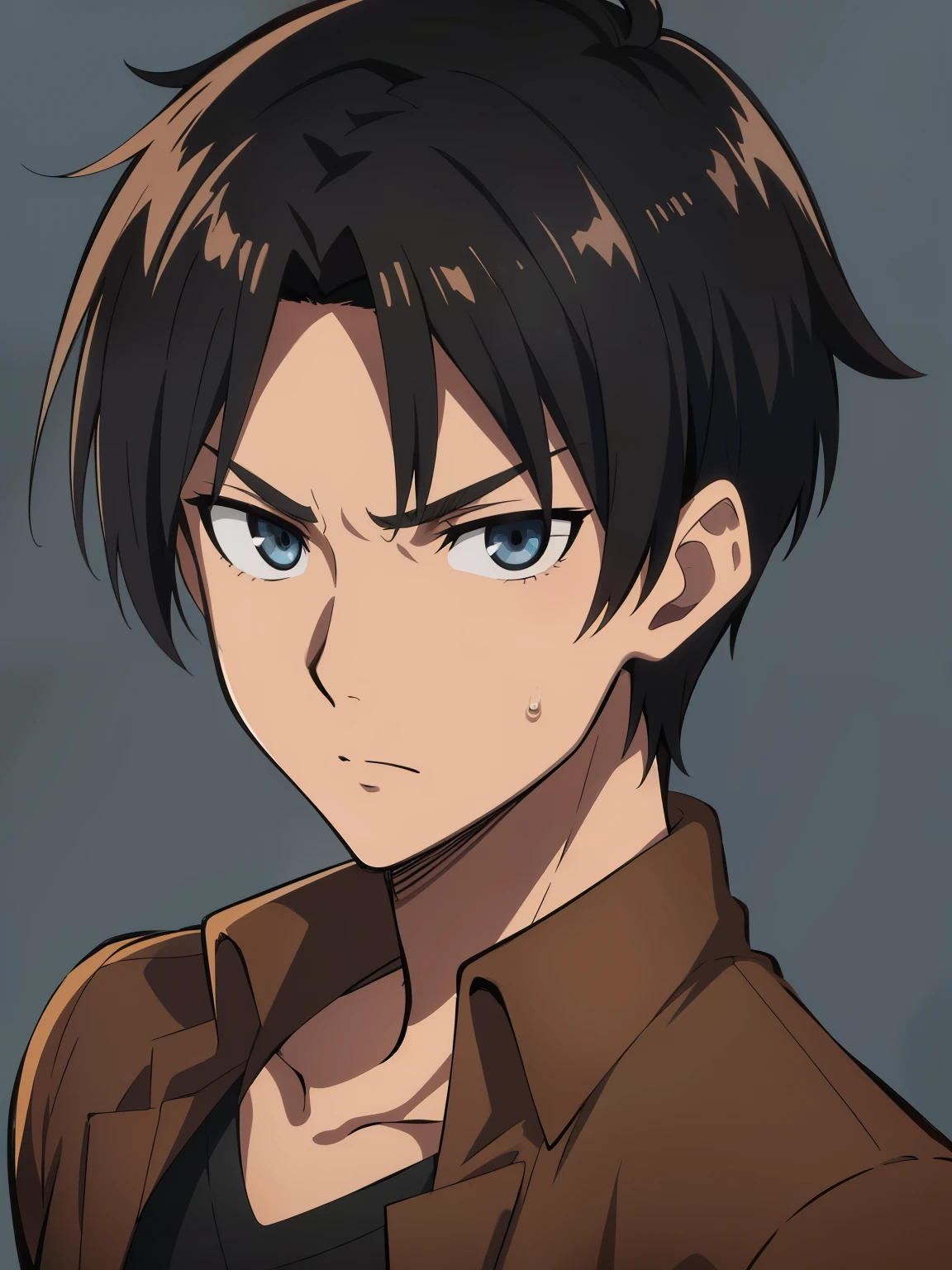 (high-quality, breathtaking),(expressive eyes, perfect face) 1boy, male, solo, portrait, narrow eyes, kind face, neutral expression, aot style, portrait, stylized hairstyle, Symmetrical Eyes, black hair, brown eyes, teenager, masculine, grey background, brown jacket, long sleeves, black shirt, belt, attack on titan clothing, mappastyles4, three-dimensional maneuver gear, spiky hair, spiked up hairstyle, dark tanned skin, half closed eyes, looking at viewer, attack on titan, emiya_shiro, standing straight, facing viewer
