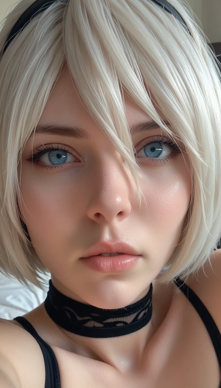 (masterpiece) (best quality) (detailed) (8k) (sharp focus),REAL, 1 female,yorha 2b, face focus,blue eyes, eye detail,choker,face close up,kissy face,cute face,pov,incoming hug, naked, 