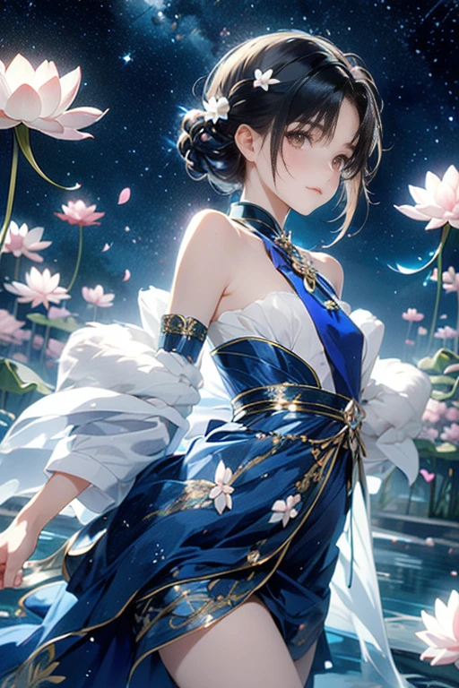 A low-angle photograph captures a stunningly beautiful and sexy young woman standing 

The image portrays a serene scene featuring a so beautiful sexy Thai-Chaines woman in a flowing blue gown adorned with intricate floral patterns. 

Her black hair is styled elegantly, with a small bird perched on it, symbolizing harmony with nature. She stands amidst delicate white lotus flowers, their petals softly glowing against a deep blue night sky filled with stars. 

Additional birds rest on her garment and among the lotus blossoms, adding to the ethereal and peaceful atmosphere. 

The overall ambiance of the artwork is dreamy, with a blend of natural beauty and gentle mystique.