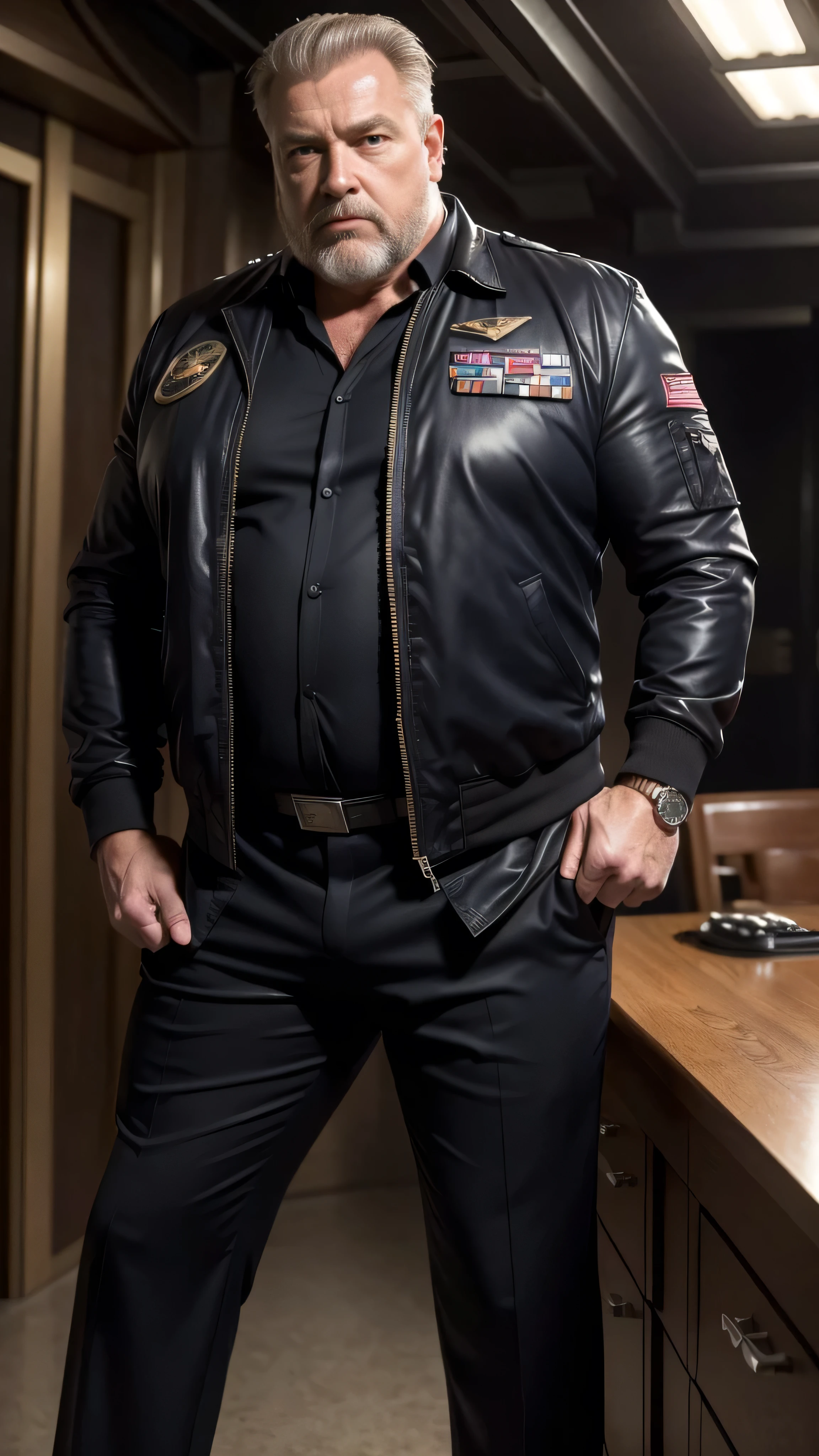 (best quality,4k,8k,highres,masterpiece:1.2), Appearance:age 60, white man Battlestar Commander, horny disgusting, muscular chubby, kind, mature daddy, hairy chest hard nipple.Clothing: Space fleet uniform jacket, uniform Dress Pants with big hard bulge, belt, loafer. at Battlestar Bridge