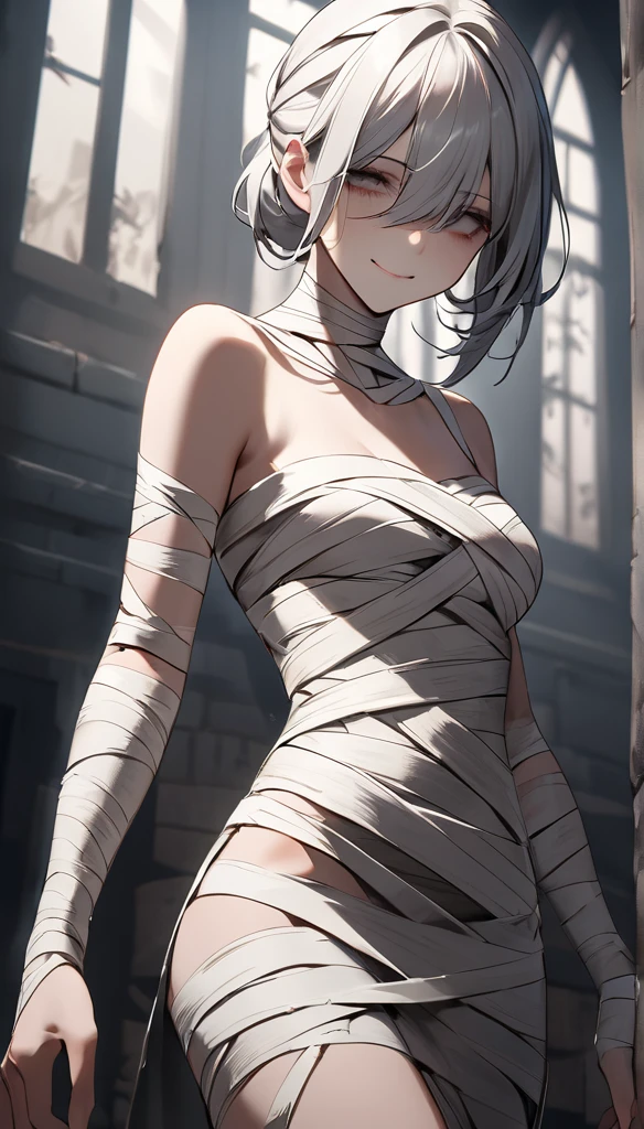 Masterpiece, best quality, absurdres, 1girl, standing, menat_mummy, light smile, dark skin, Green eyes, egyptian, bob cut, tiara, white bandages, naked bandage, bedroom,<lora:menat:1>