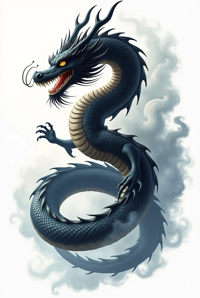 A black and white chinese dragon, aesthetic, travelling, no eyes