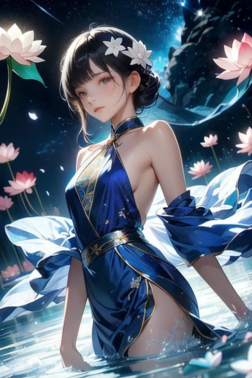 A low-angle photograph captures a stunningly beautiful and sexy young woman standing 

The image portrays a serene scene featuring a so beautiful sexy Thai-Chaines woman in a flowing blue gown adorned with intricate floral patterns. 

Her black hair is styled elegantly, with a small bird perched on it, symbolizing harmony with nature. She stands amidst delicate white lotus flowers, their petals softly glowing against a deep blue night sky filled with stars. 

Additional birds rest on her garment and among the lotus blossoms, adding to the ethereal and peaceful atmosphere. 

The overall ambiance of the artwork is dreamy, with a blend of natural beauty and gentle mystique.