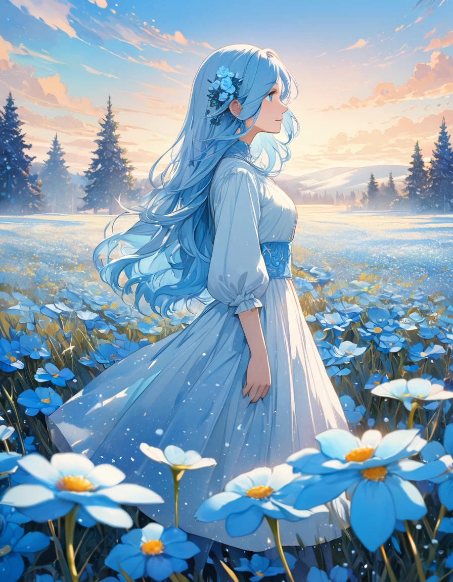 (absurdres, highres, ultra detailed, UHD, cinematic), solo, 1girl, mature, happy, girl standing in light blue flower field, light blue flower petal surrounding girl, full body, blue long hair girl, light blue hair, fantasy, dreamy, snowy, official art, pop art, profile, ultra detailed face, ultra detailed eyes, light blue flower field, ultra detailed field, white blue sky, cold, light blue, white,  nebula in the sky, blue tree, watercolor, pastel color