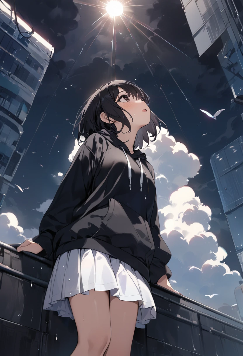 ((Surprisingly bizarre )),(masterpiece:1.2),超 high resolution on down,  Attention to Details ,  high quality,  high resolution on down, 最 high quality, 4K, 8k、 Crying Girl、Look up at the sky、 girl raising one hand towards the sky、 Dark Sky with Thick Clouds 、After the heavy rain、 the sun is shining through the dark clouds、Hope is the theme 、 Composition Looking Up from Below 、 short hair、 Black Hair 、 black hoodie、White Skirt,Girl&#39;s whole body