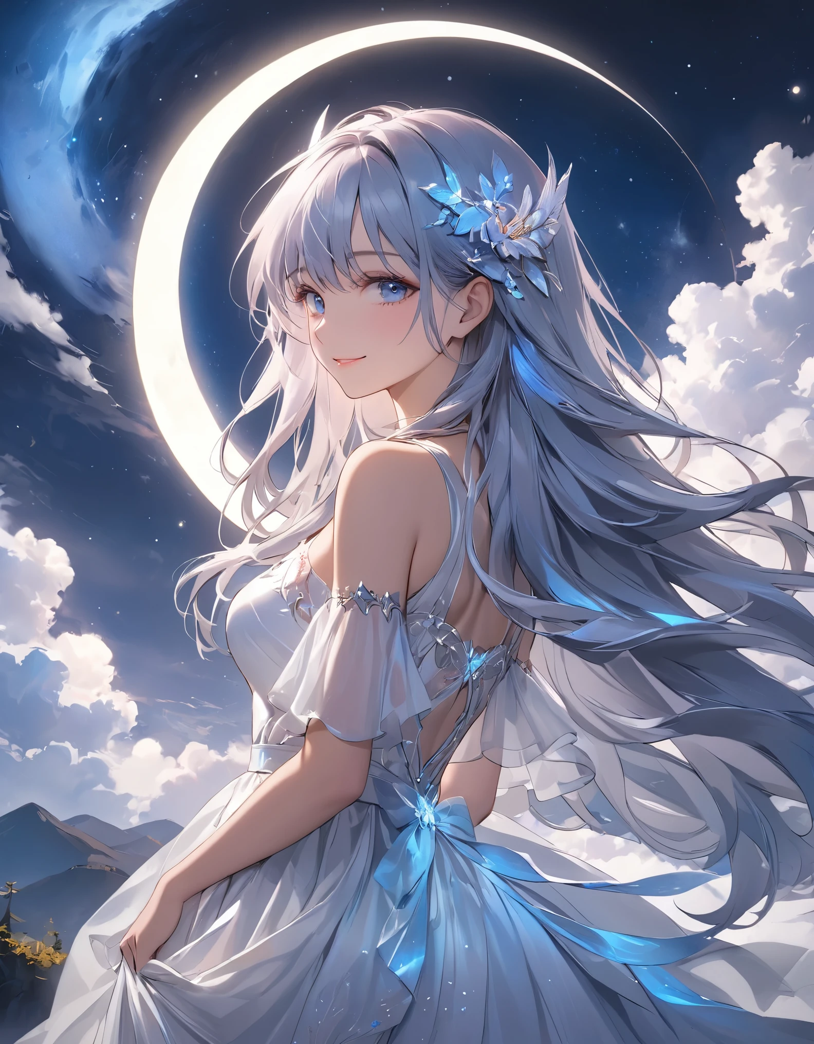 (masterpiece:1.2),(4k),high quality,(perfect anatomy),((arms behind side)),(1 girl),(goddess of the moon),Artemis,silver long hair,beautiful detailed blue eyes,a shy smile,look at viewer,((bioluminescent white dress)),(white dress),Undeservedly beautiful,dreamy romantic,fantastic and dreamy theme,mysterious atmosphere,enchanting dream,fantastical scenes,(silver moon),(silver moon light)