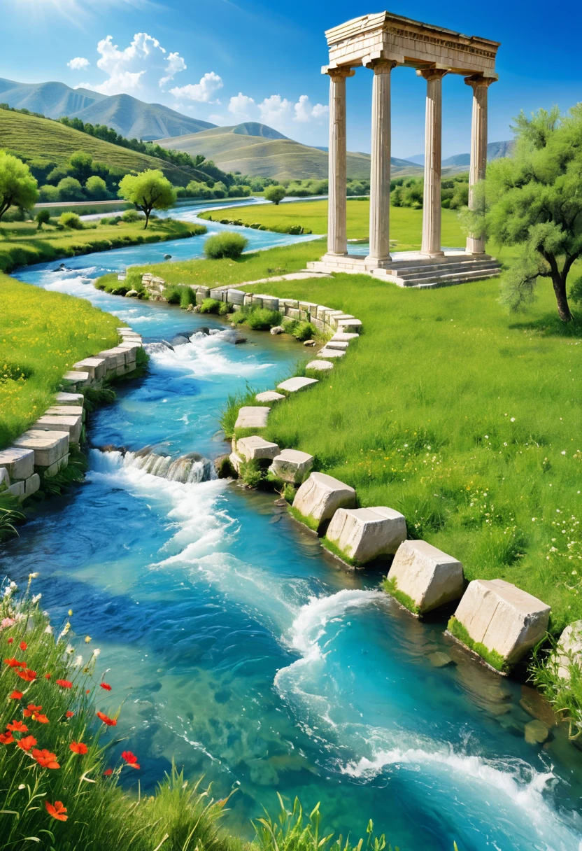 Blessed Land ， under the blue sky、 River flowing through beautiful meadows，Greek style columns