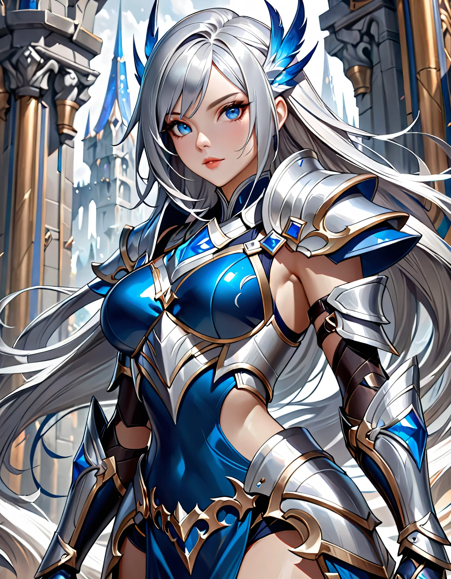 a close up of a woman in a silver and blue dress, chengwei pan on artstation, by Yang J, detailed fantasy art, stunning character art, fanart best artstation, epic exquisite character art, beautiful armor, extremely detailed artgerm, detailed digital anime art, artgerm on artstation pixiv, armor girl