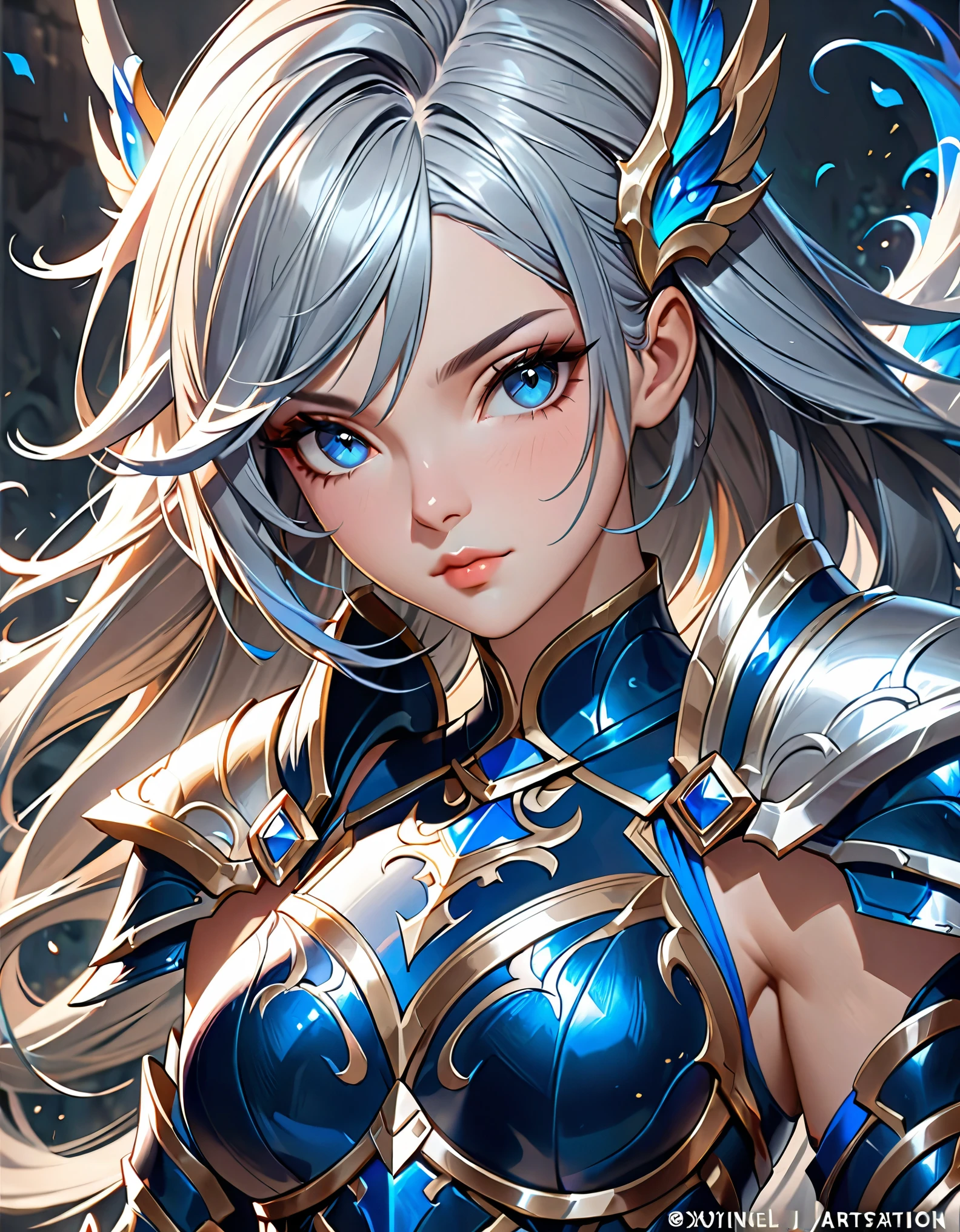 a close up of a woman in a silver and blue dress, chengwei pan on artstation, by Yang J, detailed fantasy art, stunning character art, fanart best artstation, epic exquisite character art, beautiful armor, extremely detailed artgerm, detailed digital anime art, artgerm on artstation pixiv, armor girl