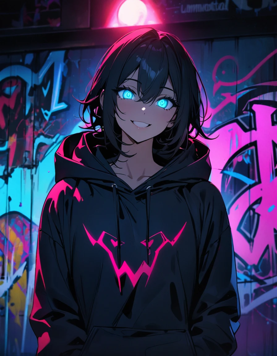 masterpiece, Best Quality, 8k, detailed background, masterpiece, Best Quality, smile,  t I ,  hoodie, Portraiture, Neon Blue, graffiti, dark, night, Shining Eyes,  Black Light,Demon King, Luminous Valentine