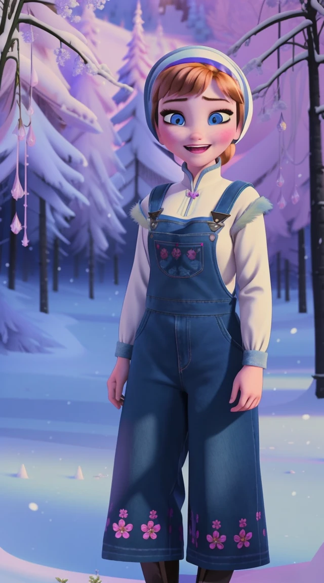  artwork, best quality , 1 girl,Alone,frozen anna,overalls,Shorts em geral,flower shaped pupils,change, Ukrainian peasant clothing in a snow-covered forest,( ponytail :0.6),smile,open mouth,cloudy, 