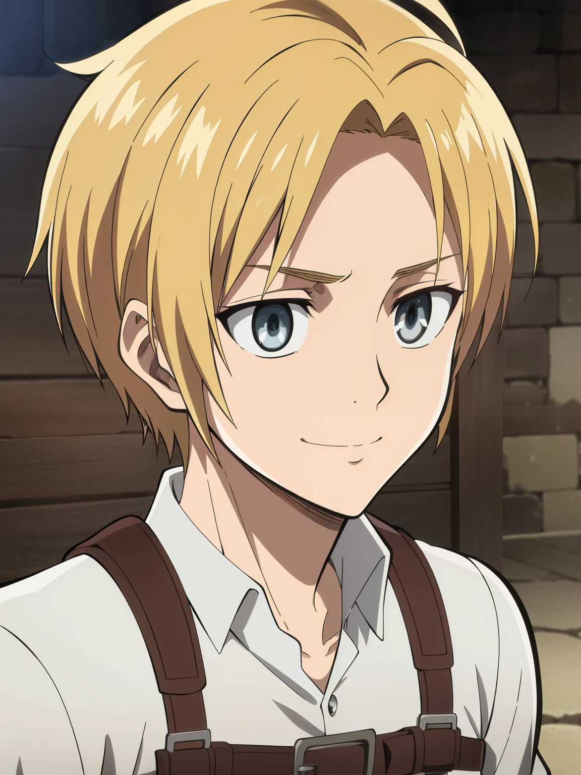 (high-quality, breathtaking),(expressive eyes, perfect face) 1boy, male, solo, portrait, narrow eyes, kind face, neutral expression, cute smile, aot style, portrait, stylized hairstyle, Symmetrical Eyes, bright soft blonde hair, red eyes, ager, grey background, brown jacket, long sleeves, white shirt, belt, pants, attack on titan clothing, mappastyles4, three-dimensional maneuver gear, fluffy hair, pale skin, half closed eyes, looking at viewer, left bang, haruki_serizawa, survey corp, attack on titan