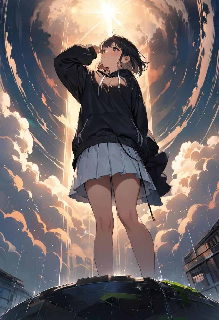 ((Surprisingly bizarre )),(masterpiece:1.2),超 high resolution on down,  Attention to Details ,  high quality,  high resolution on down, 最 high quality, 4K, 8k、 Crying Girl、Look up at the sky、 girl raising one hand towards the sky、 Dark Sky with Thick Clouds 、After the heavy rain、 the sun is shining through the dark clouds、Hope is the theme 、 Composition Looking Up from Below 、 short hair、 Black Hair 、 black hoodie、White Skirt,Girl&#39;s whole body