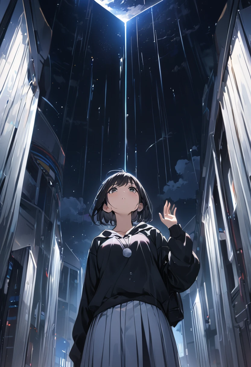 ((Surprisingly bizarre )),(masterpiece:1.2),超 high resolution on down,  Attention to Details ,  high quality,  high resolution on down, 最 high quality, 4K, 8k、 Crying Girl、Look up at the sky、 girl raising one hand towards the sky、 Dark Sky with Thick Clouds 、After the heavy rain、 the sun is shining through the dark clouds、Hope is the theme 、 Composition Looking Up from Below 、 short hair、 Black Hair 、 black hoodie、White Skirt,Girl&#39;s whole body