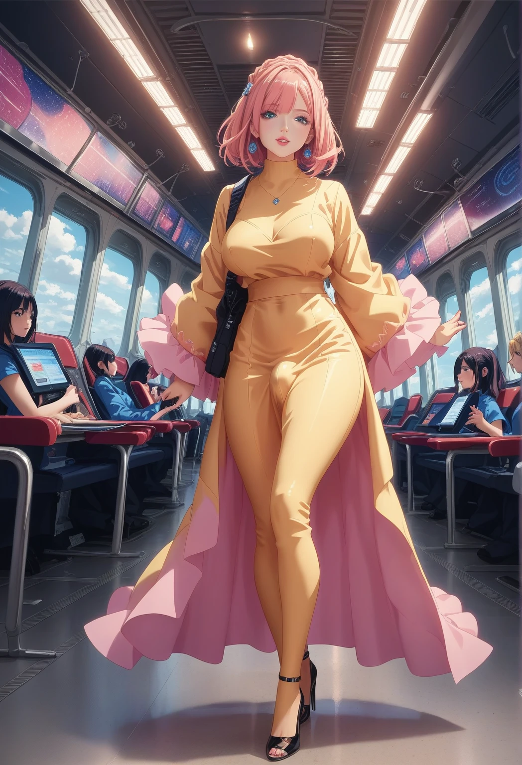 masterpiece, best quality, official art, extremely detailed, perfect hands, perfect eyes, flight attendant, different uniforms, tight uniforms, high heels, airport, futanari , 3 girls , 2 futanari ,  full body, exstra large Breasts , intricate details, dramatic lighting, hyperrealism, photorealistic, cinematic, 8k sharp focus, unreal engine 5 effects--niji 5, style expressive , no face tat
