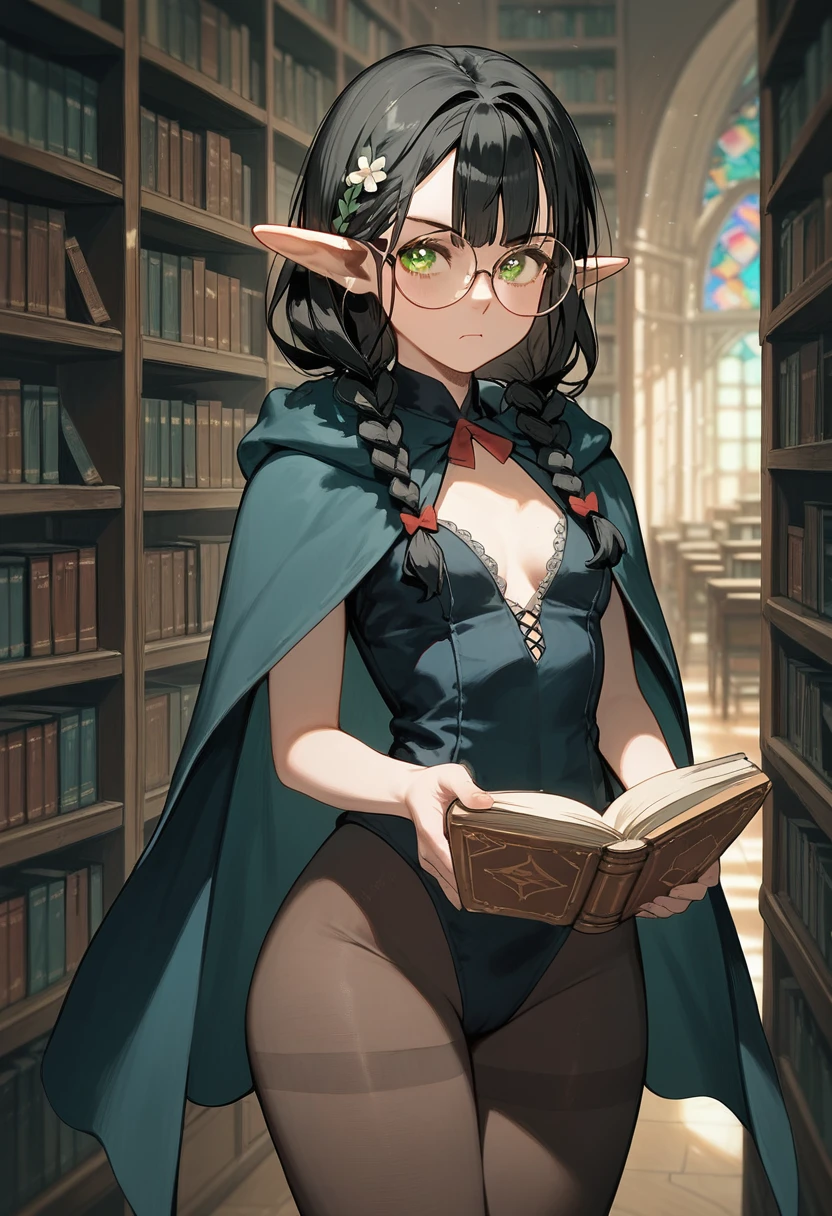 masterpiece, fair, 4K, best quality, ((green detailed eyes)), library, (black hair with two braids), bangs, Pointed ears, Round frame glasses, wide hips, pouting expression, pantyhose, (small breasts), holding book, (open chest), (dark magical cape), 