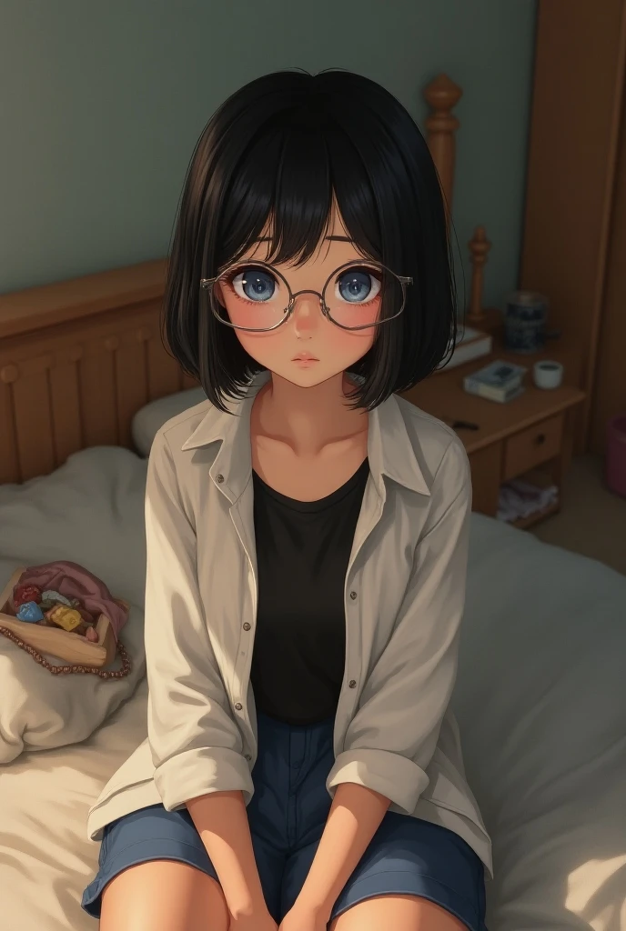 1girl, beautiful girl, wearing eyeglasses, brown skin, small mole on her right cheek, half body, Body Length 150 cm, 20 years old, brown skin girl, .(short black hair, Street hairstyle) , (black eyes), realistic eyes, beautiful and big eyes), masculine clothing, Boys clothes, Wearing sneakers, Small breasts, (8k wallpaper), (Living room wallpaper) 8k, high quilty, realistic, beautiful realistic, Cool details, raw photo, realistic clothing, short hair, black hair, realistic hair, Light and cool lighting, photo realistic, Cel shaded, Gel lighting, ultra details