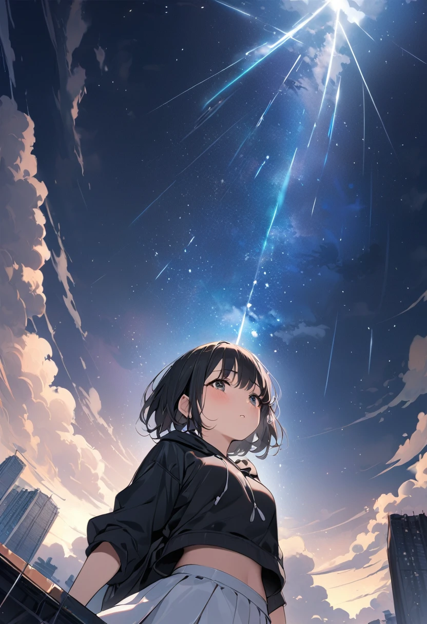 ((Surprisingly bizarre )),(masterpiece:1.2),超 high resolution on down,  Attention to Details ,  high quality,  high resolution on down, 最 high quality, 4K, 8k、 Crying Girl、Look up at the sky、 girl raising one hand towards the sky、 Dark Sky with Thick Clouds 、After the heavy rain、 the sun is shining through the dark clouds、Hope is the theme 、 Composition Looking Up from Below 、 short hair、 Black Hair 、 black hoodie、White Skirt,Girl&#39;s whole body