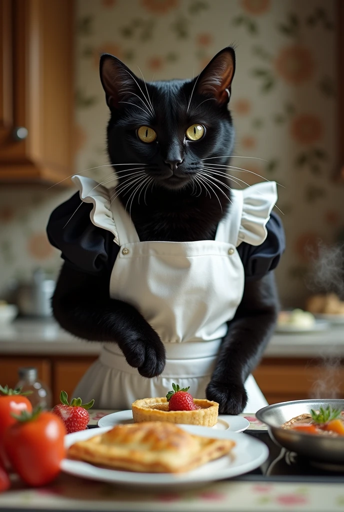Peeking secretly into a slightly opened door,、 maid clothesを着た黒猫がダイニング ...