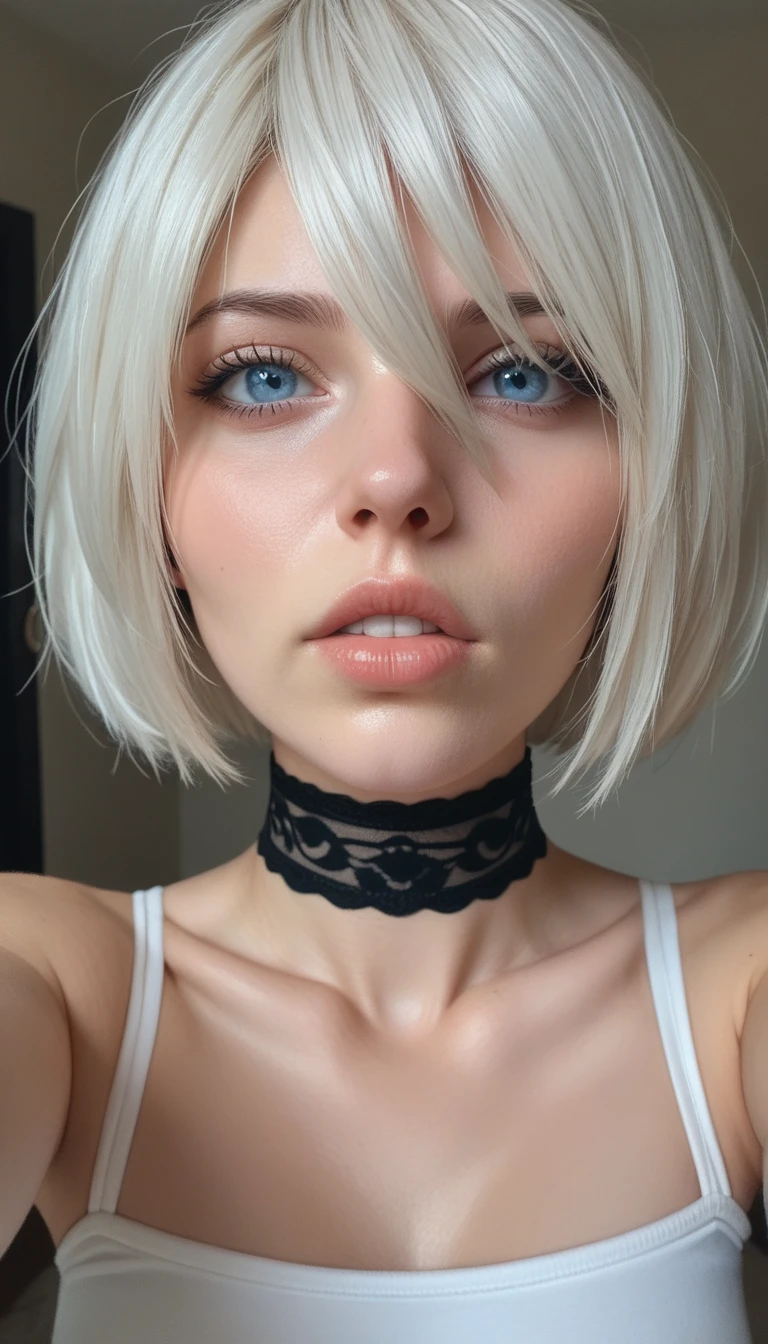 (masterpiece) (best quality) (detailed) (8k) (sharp focus),REAL, 1 female,yorha 2b, face focus,blue eyes, eye detail,choker,face close up,selfie, kissy face,