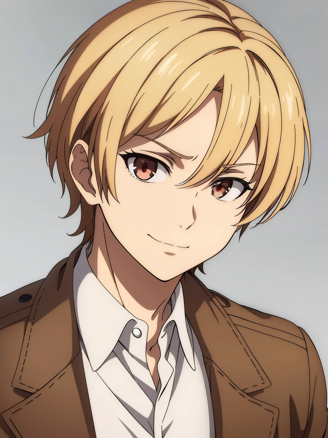 (high-quality, breathtaking),(expressive eyes, perfect face) 1boy, male, solo, portrait, narrow eyes, kind face, neutral expression, cute smile, aot style, portrait, stylized hairstyle, Symmetrical Eyes, bright soft blonde hair, red eyes, ager, grey background, brown jacket, long sleeves, white shirt, belt, pants, attack on titan clothing, mappastyles4, three-dimensional maneuver gear, fluffy hair, pale skin, , half closed eyes, looking at viewer, left bang, haruki_serizawa