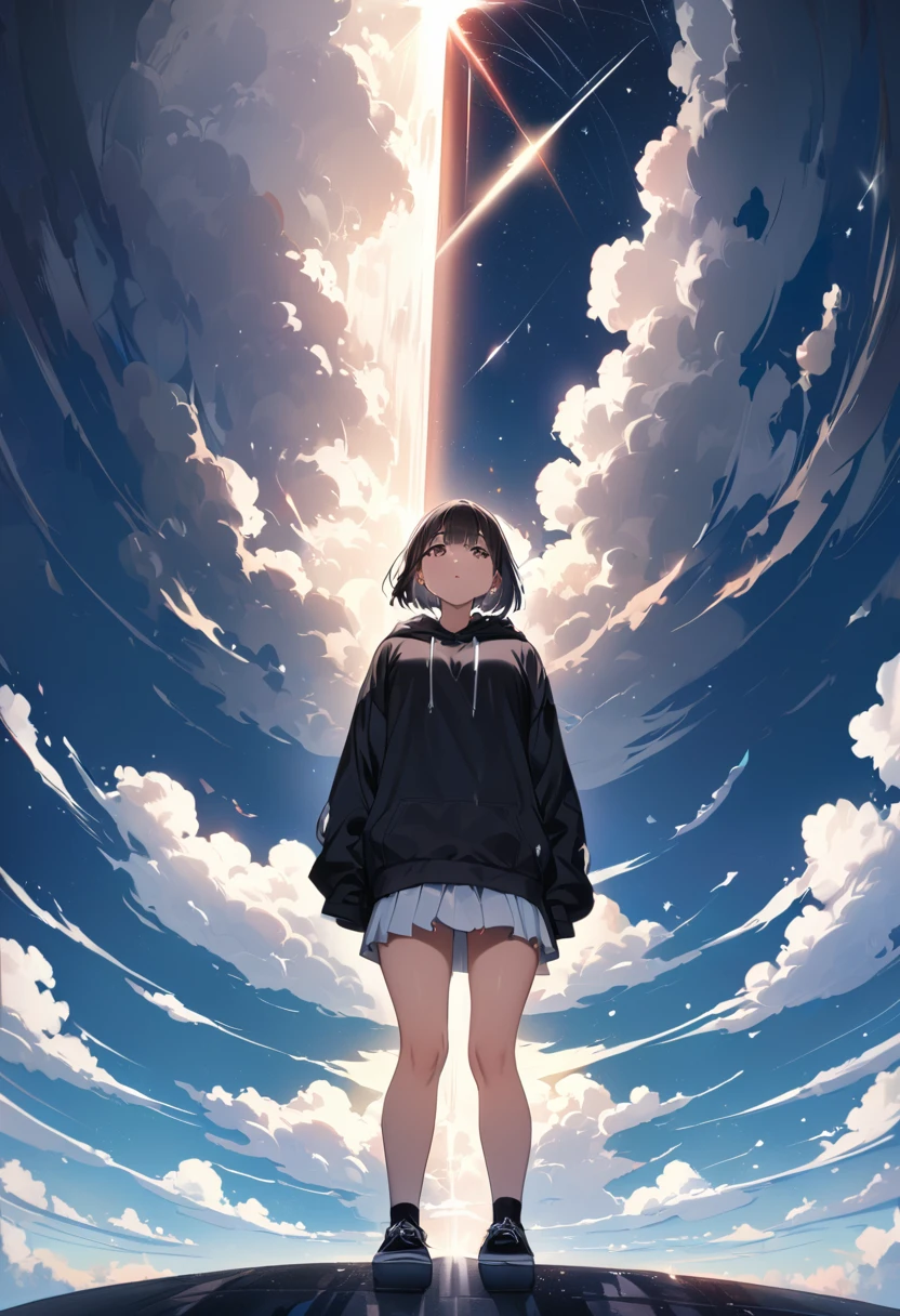 ((Surprisingly bizarre )),(masterpiece:1.2),超 high resolution on down,  Attention to Details ,  high quality,  high resolution on down, 最 high quality, 4K, 8k、 Crying Girl、Look up at the sky、 girl raising one hand towards the sky、 Dark Sky with Thick Clouds 、After the heavy rain、 the sun is shining through the dark clouds、Hope is the theme 、 Composition Looking Up from Below 、 short hair、 Black Hair 、 black hoodie、White Skirt,Girl&#39;s whole body